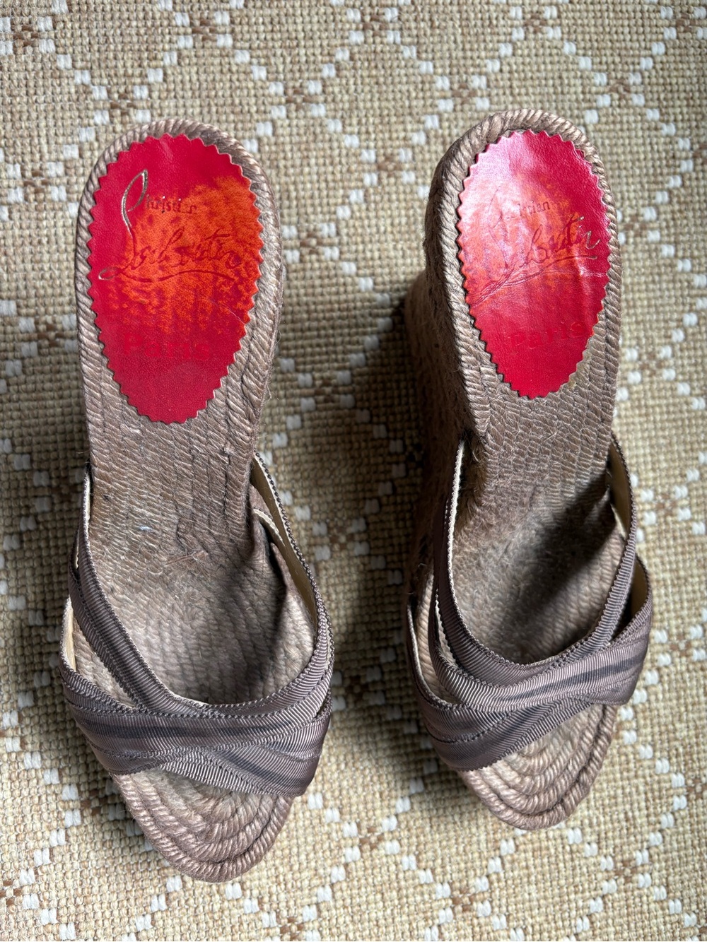 Christian Louboutin Brown Woven Wedge Slides with Red Soles